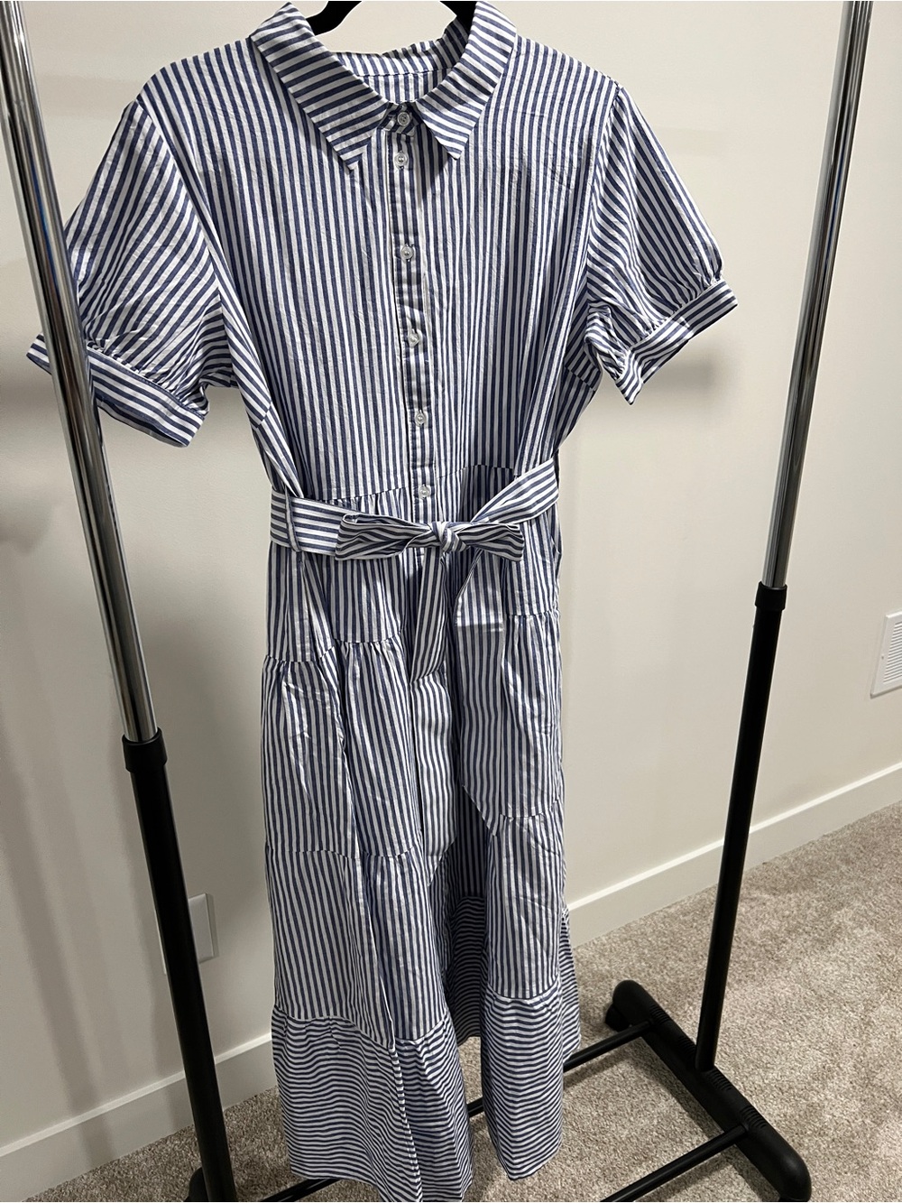 Striped Blue and White Midi Shirt Dress with Tie Waist